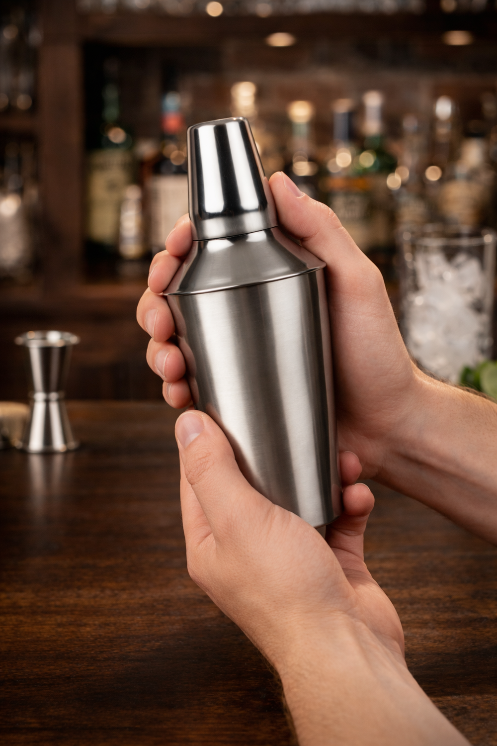 Let's Mix Mini Shaker next to a bottle of cocktail mixer