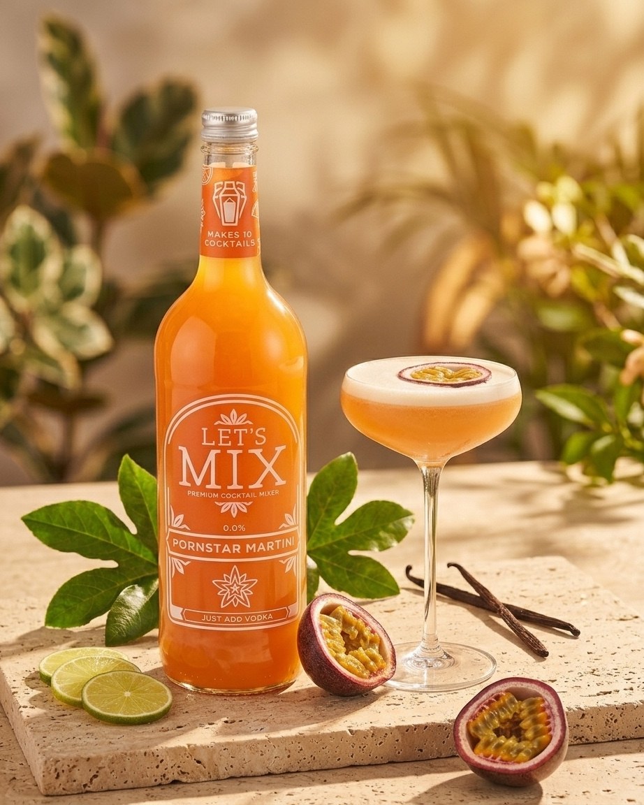 Let's Mix Pornstar Martini mixer bottle with a poured Pornstar Martini
